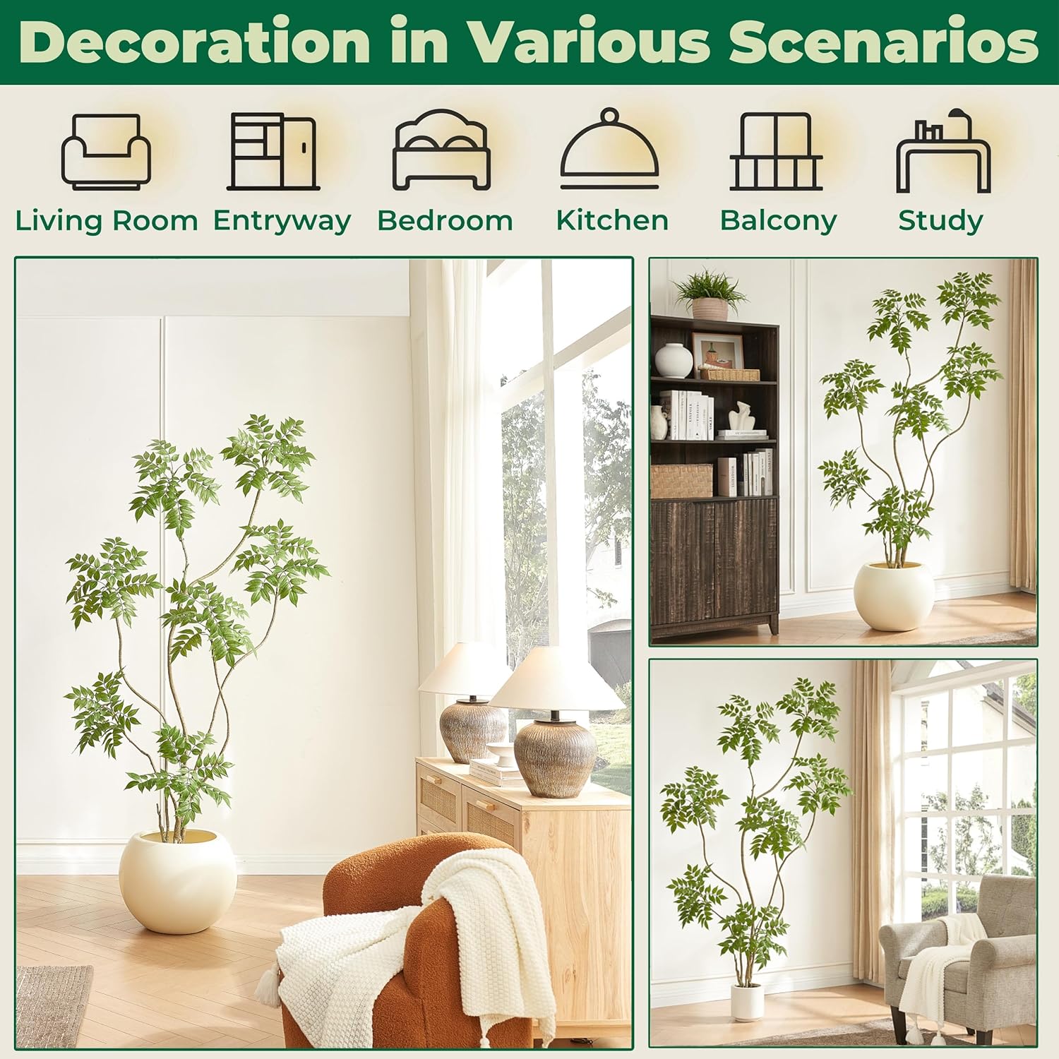 Size 6.5FT Artificial Sumac Tree with White Pot, Tall Faux Plants Indoor, Large Fake Tree with Nearly Natural Silk Plant (Real Touch), for Home, Office, Living Room, Patio, Lobby Decor
